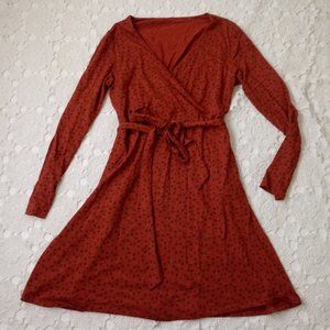 Toad Co Cue Wrap Dress Long Sleeve Orange Knit Floral Fit Flare Tencel XL Women